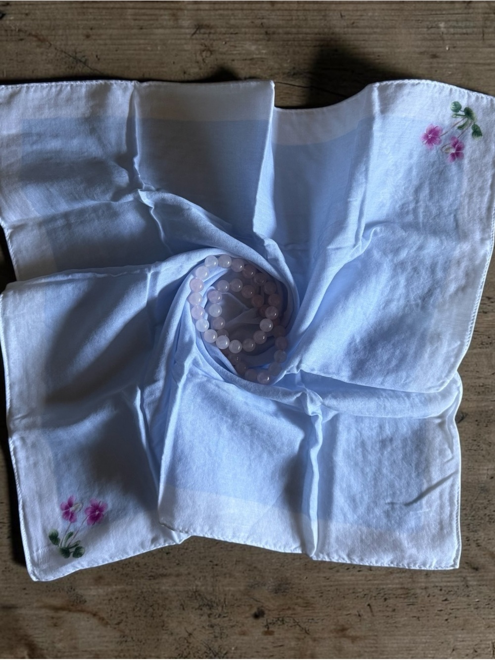 Royal Copenhagen White Cotton Scarf with Pink Floral Embroidery